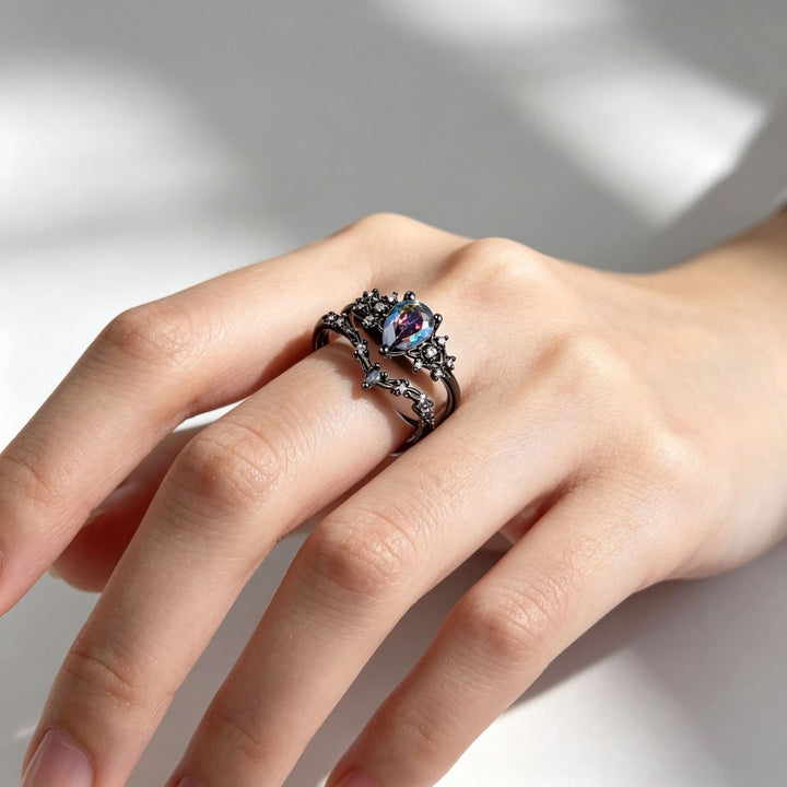 Antiqued Black Teardrop Mystic Diamond Double Layer Hollow Ring, S925 Silver Dark Palace Style Stackable Women’s Band