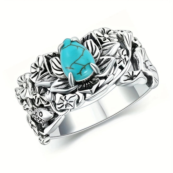 Antiqued Lotus & Koi Turquoise Wide Ring, S925 Silver Oriental Pond Style Carved Band For Women
