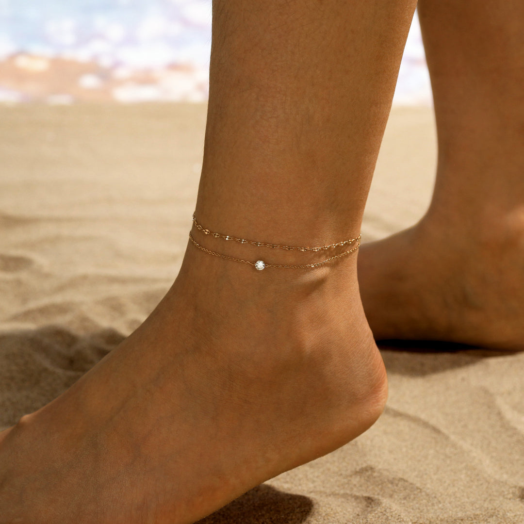 Double Layer Shiny Chain Single Diamond Anklet, Gold Silver Rose Gold Adjustable Summer Beach Ankle Jewelry for Women