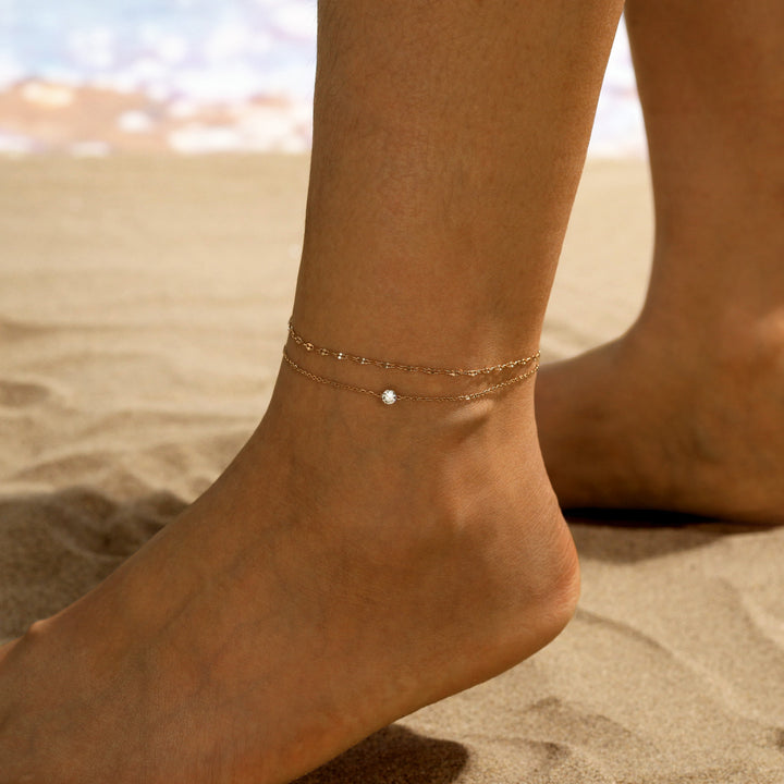 Double Layer Shiny Chain Single Diamond Anklet, Gold Silver Rose Gold Adjustable Summer Beach Ankle Jewelry for Women