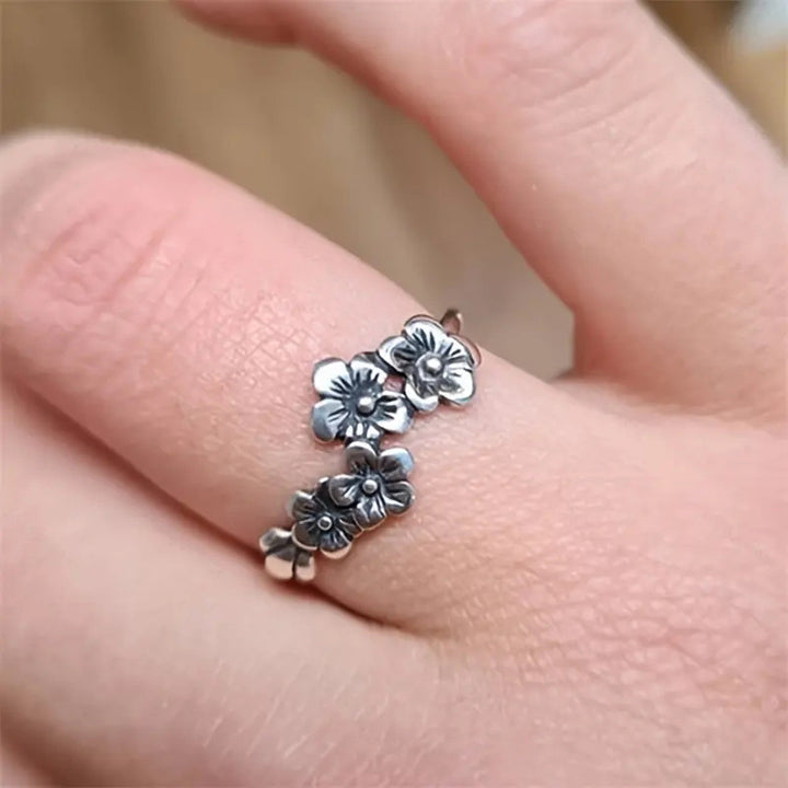 Vintage Antiqued Four Plum Blossom Ring, Forest-style Retro Silver Band