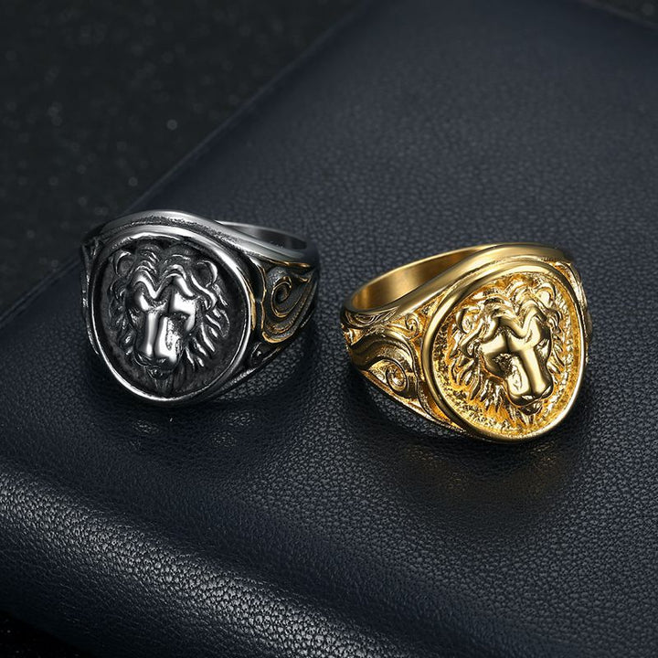 Vintage Embossed Lion Head Titanium Steel Wide Ring, Scroll Pattern Antique Bold Lion Statement Band for Men