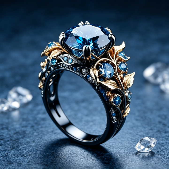 Two-Tone Gold Vine Leaf Sapphire 3D Carved Ring, Solid S925 Silver Black & Gold Vintage Forest Heavy Statement Band