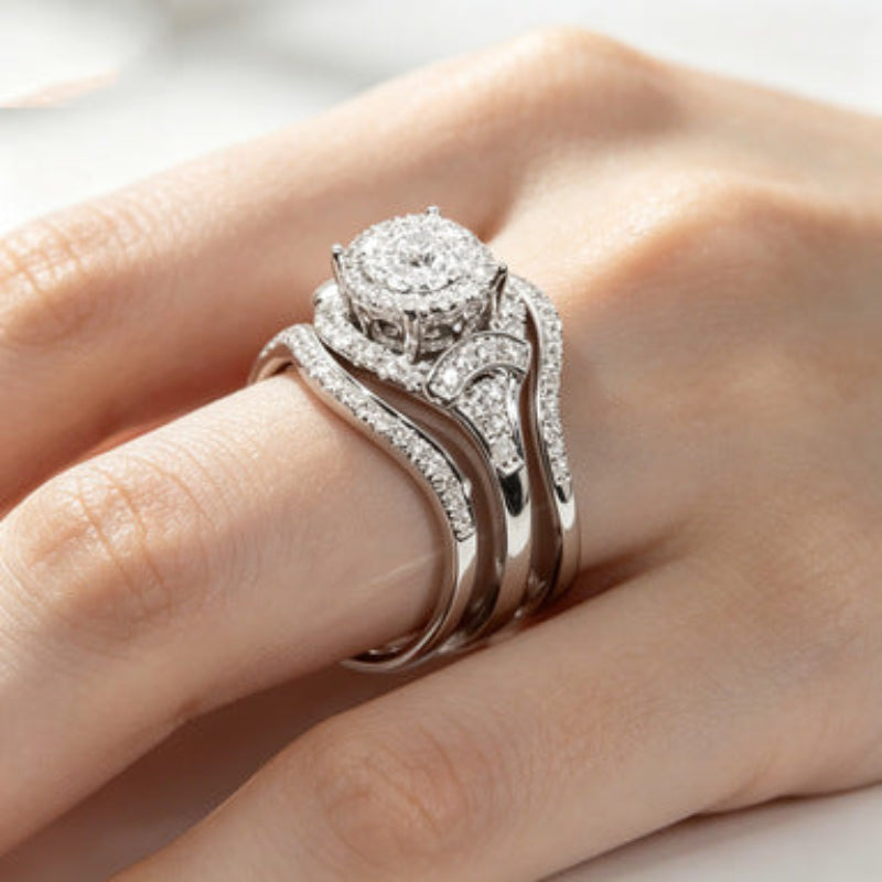 Three‑Tone Round‑Center Halo Wave 3‑Piece Ring Set