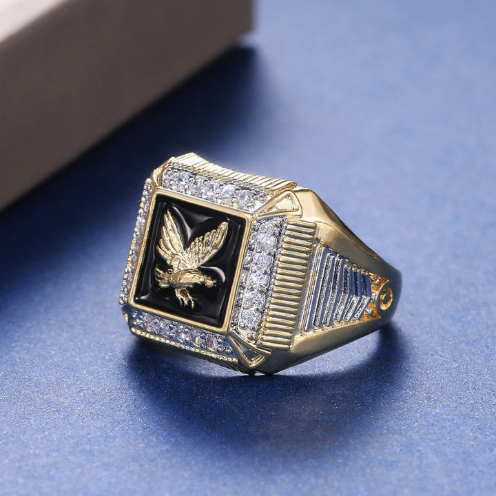 Black Enamel Eagle Embossed Square Men Signet Ring, Luxury Paved Diamond Wide Vintage Business Statement Band