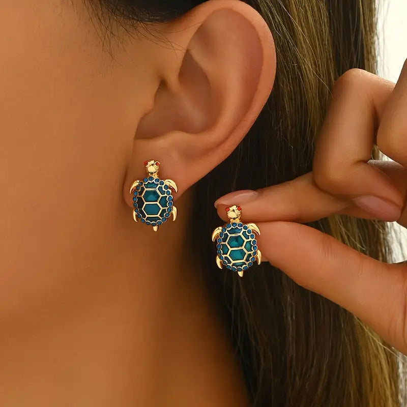 Vintage Enamel Turtle Stud Earrings, Ocean Style Paved Diamond 3D Animal Unique Earrings for Women