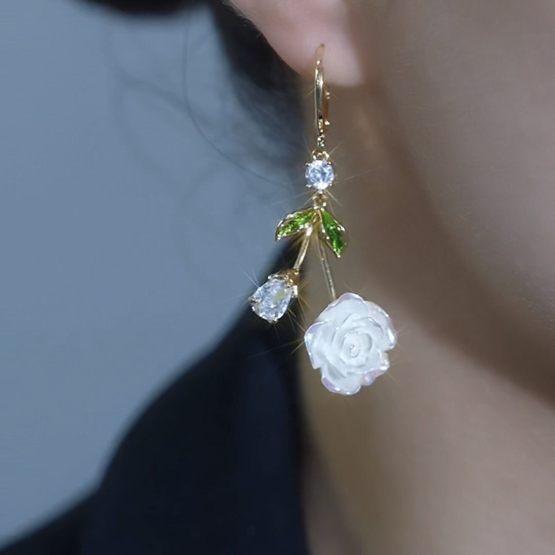 Iridescent White Rose Drop Huggie Earrings, French Fresh Green Leaf Diamond S925 Silver Long Earrings