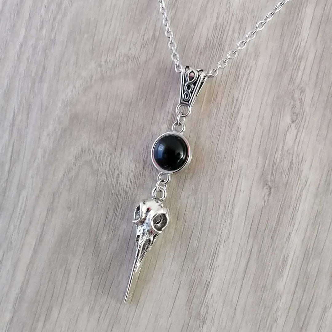 Raven Skull Black Onyx S925 Silver Necklace, Vintage Antiqued Gothic Crown Bird Head Pendant, Unique Necklace For Men