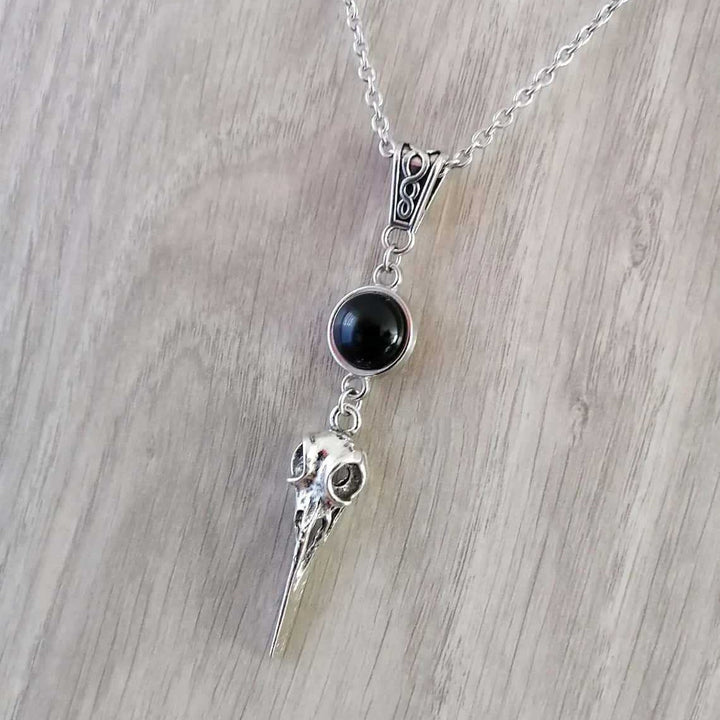 Raven Skull Black Onyx S925 Silver Necklace, Vintage Antiqued Gothic Crown Bird Head Pendant, Unique Necklace For Men