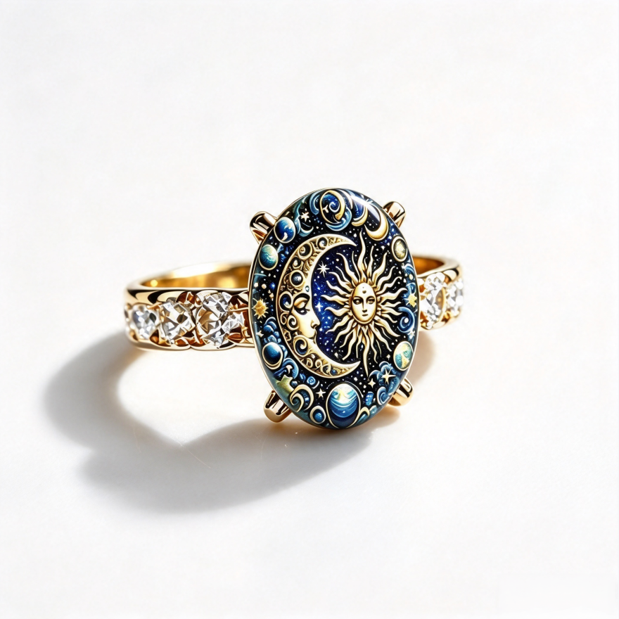 Sun Moon Star Oil Painting Style S925 Silver Ring, Vintage Cosmic Sun & Moon Cameo Gemstone Ring, Gold Plated Wide Band Inlaid with Diamonds