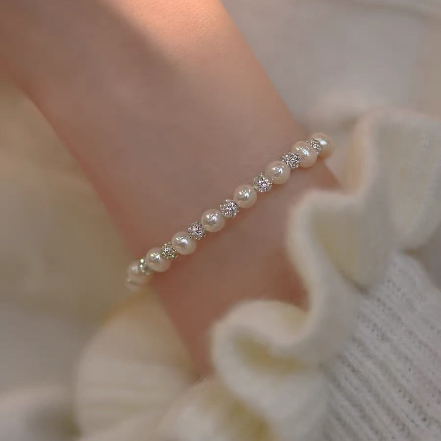 Pearl & Diamond Alternating Dainty Bracelet, Adjustable Light Luxury Wrist Jewelry