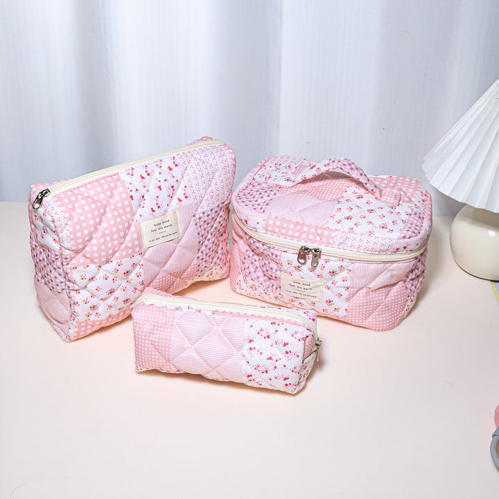 Floral Quilted 3-Piece Makeup Bag Set, Large Capacity Handheld Cosmetic Bag Portable Storage Pouch & Pencil Case Kit