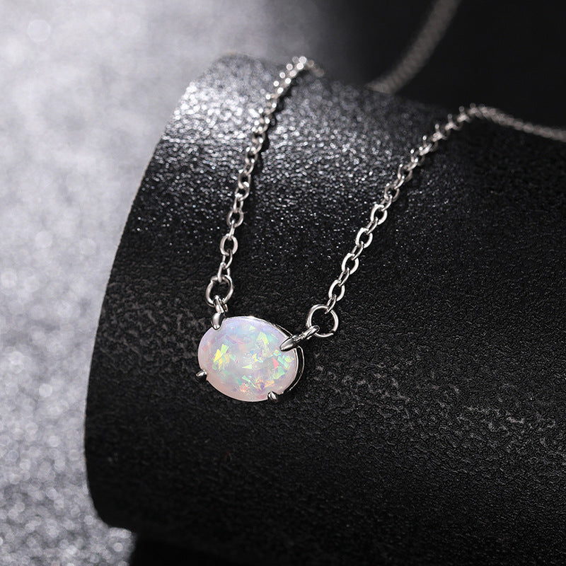 Luxury Opal Oval Solitaire Necklace (Versatile Silver Tone Clavicle Chain)