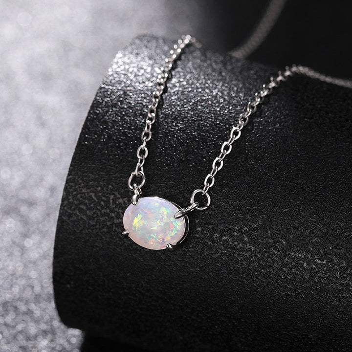 Luxury Opal Oval Solitaire Necklace (Versatile Silver Tone Clavicle Chain)