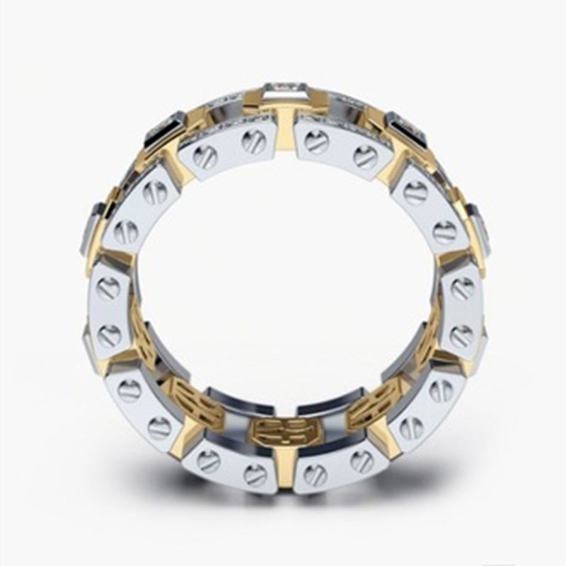 Two-Tone Linked Chain Hollow Full Paved Diamond Wide Ring, S925 Silver Silver-Gold / Silver-Rose Gold Luxury Unisex Band
