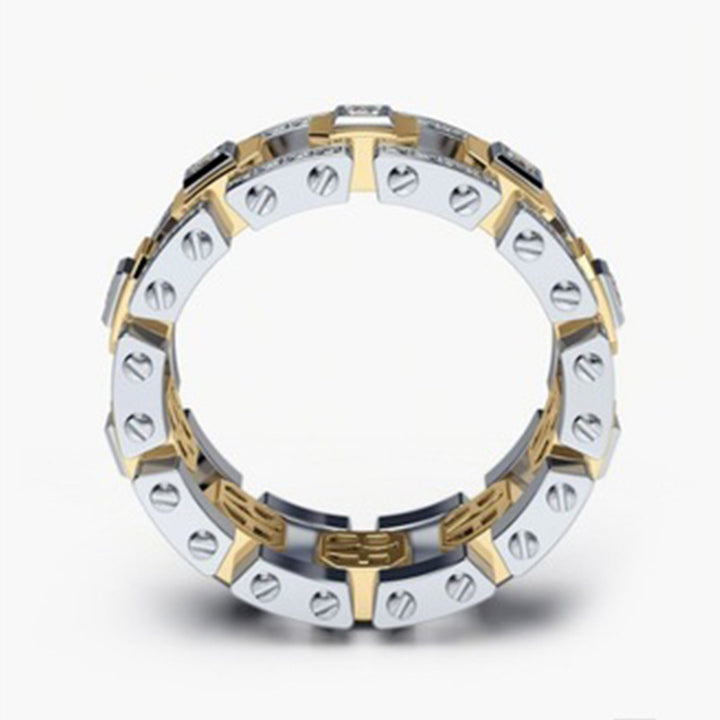 Two-Tone Linked Chain Hollow Full Paved Diamond Wide Ring, S925 Silver Silver-Gold / Silver-Rose Gold Luxury Unisex Band