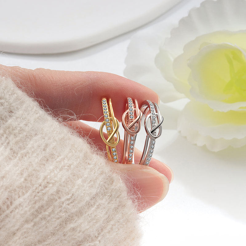 Infinity Knot Paved Thin Ring, Three-Tone Gold Silver Rose Gold Minimalist Luxury Daily Band