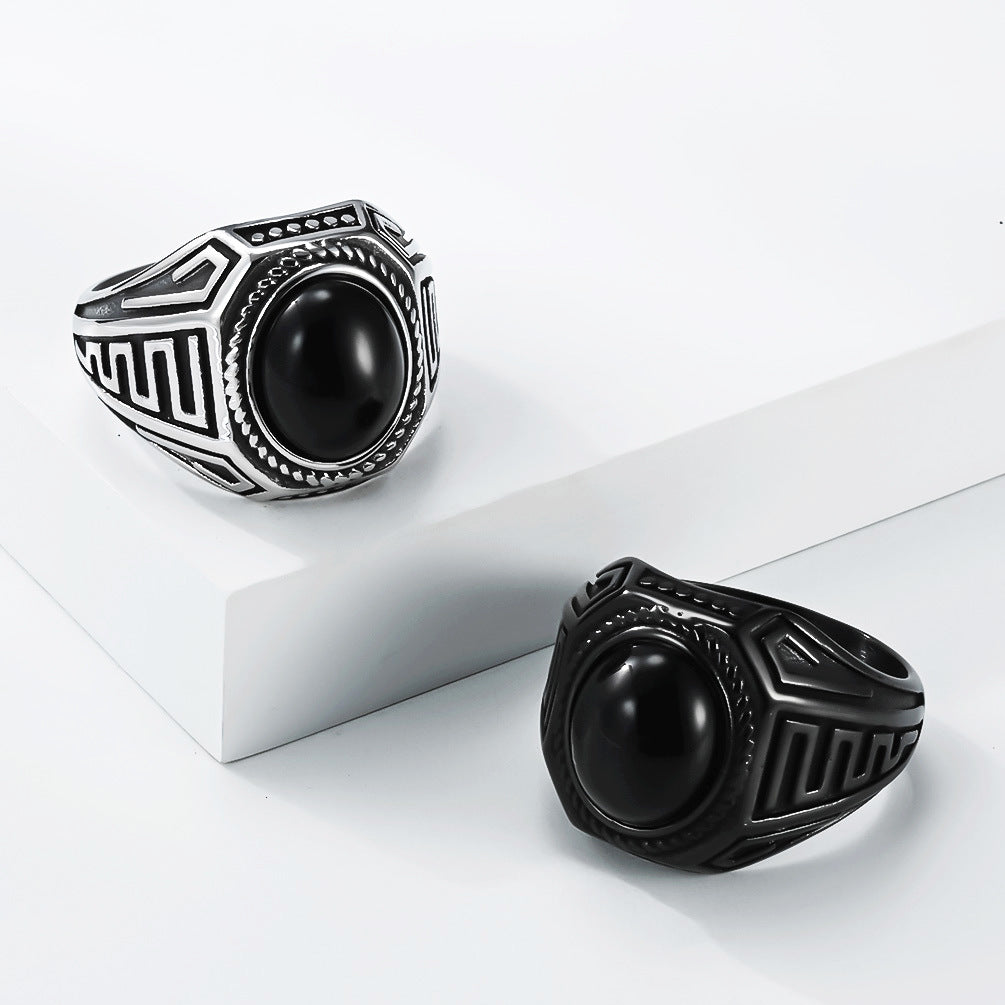 Vintage Meander Pattern Oval Black Onyx Wide Signet Ring, S925 Silver Silver & Matte Black Two-Tone Ethnic Men’s Band