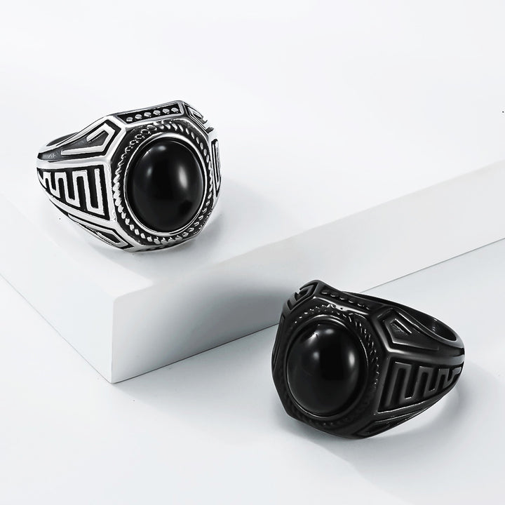 Vintage Meander Pattern Oval Black Onyx Wide Signet Ring, S925 Silver Silver & Matte Black Two-Tone Ethnic Men’s Band