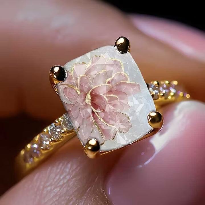 Square Inner‑Carved Pink Flower S925 Silver Gold‑Tone Ring