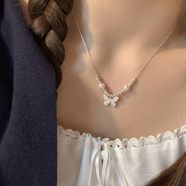 Embossed Butterfly & Pearl Thin Clavicle Chain, Dainty Geometric Bead Feminine Necklace