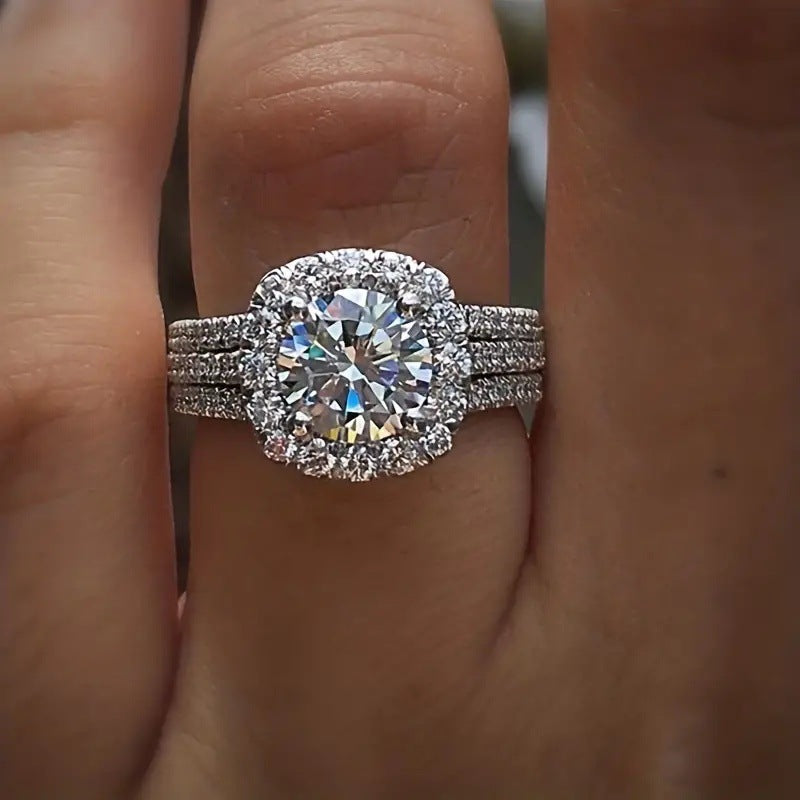 3-Row Pavé Halo Round Cut Engagement Ring (Luxury Proposal Band)