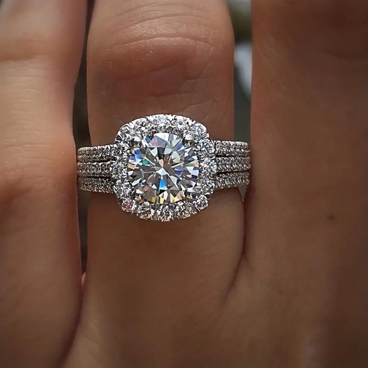 3-Row Pavé Halo Round Cut Engagement Ring (Luxury Proposal Band)