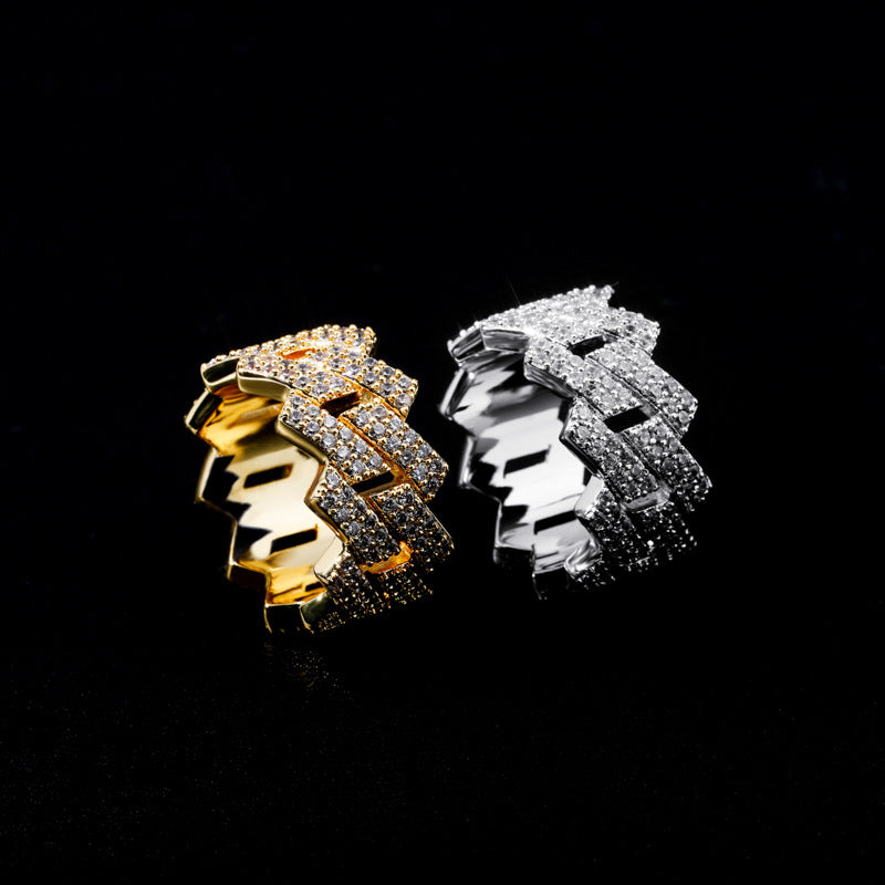 Full Pave Cuban Link Wide Band Ring, Solid S925 Silver Gold & Silver Two-Tone Hip Hop Heavy Chain Statement Ring