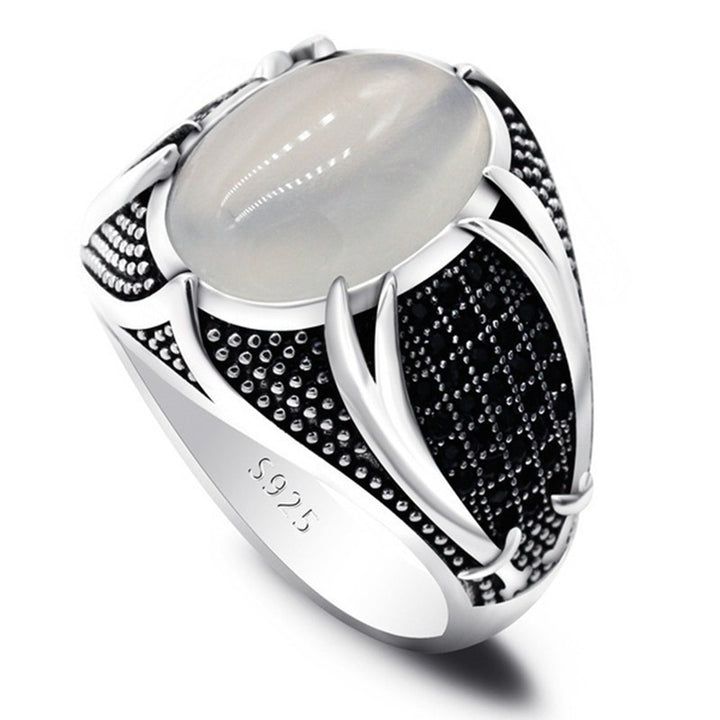 Vintage Antiqued Claw Oval Gem Men’s Wide Ring, Solid S925 Silver 3 Natural Stone Heavy Statement Band
