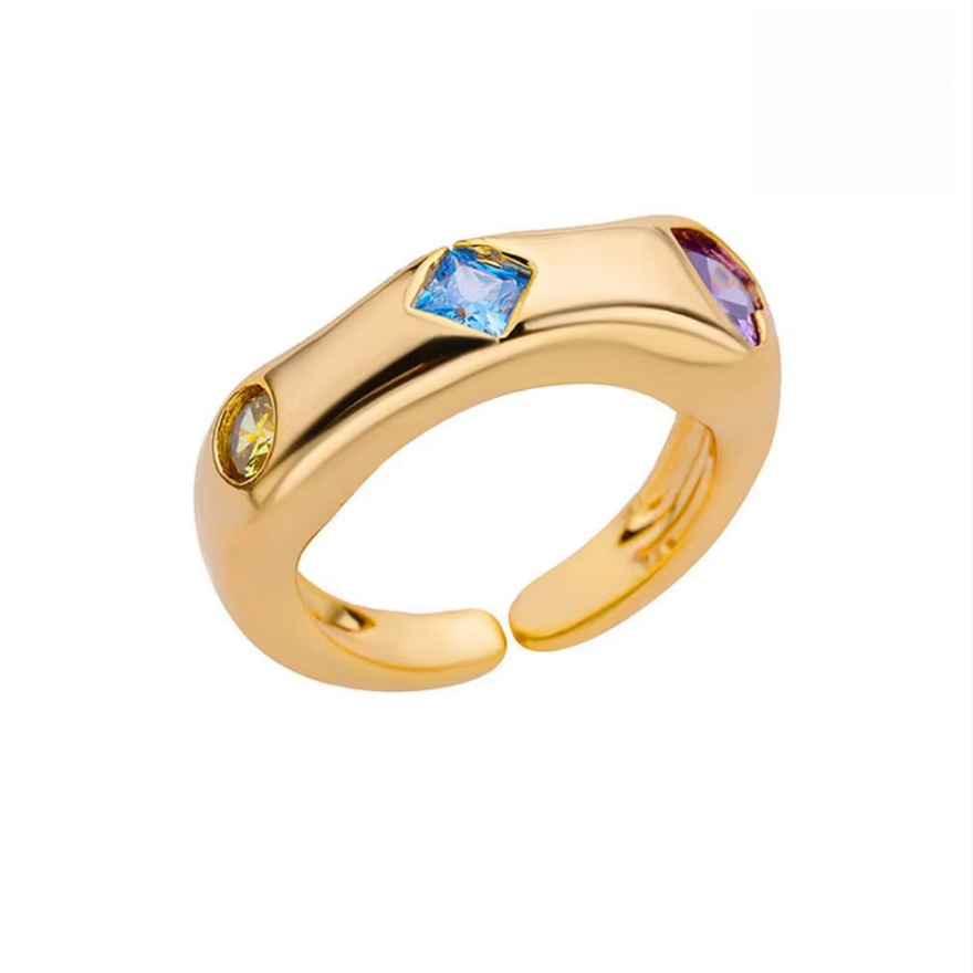 Irregular Curved Color‑Stone Open‑Band S925 Sterling Silver Ring, Multiple Colors Available