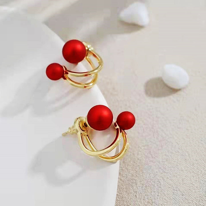 S925 Silver Double Bead Double Hoop Stud Earrings, Minimalist Luxury Geometric Earrings with Big & Small Round Beads, White & Red Bead Two Color Options