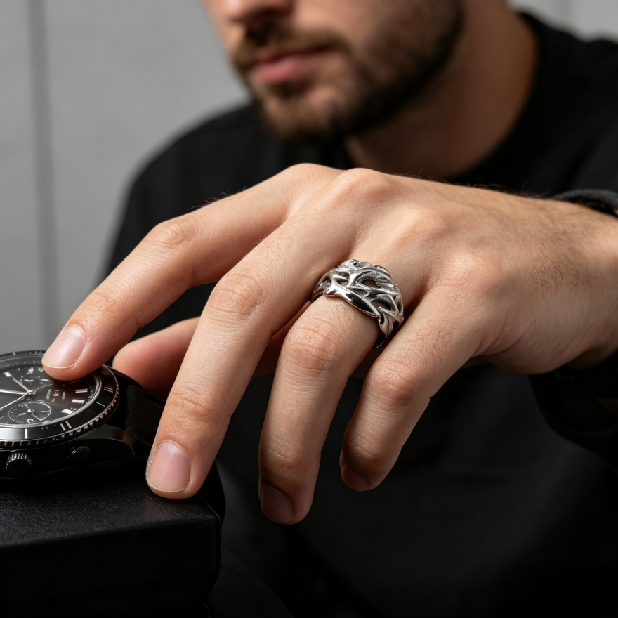 Thorn Hollow Men Ring, S925 Silver Antiqued Vintage Vines Dark Style Statement Band
