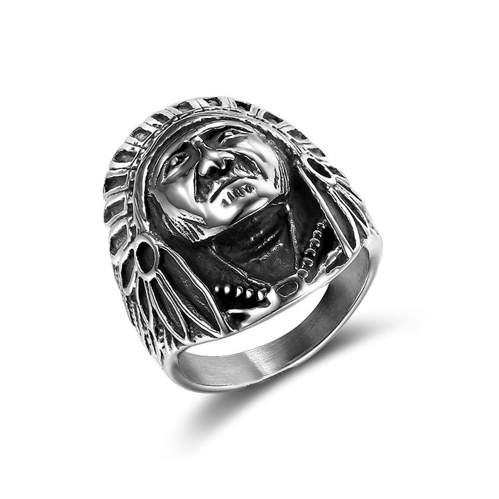 Antiqued Native American Chief 3D Embossed Wide Ring, Solid S925 Silver Tribal Heavy Men’s Band