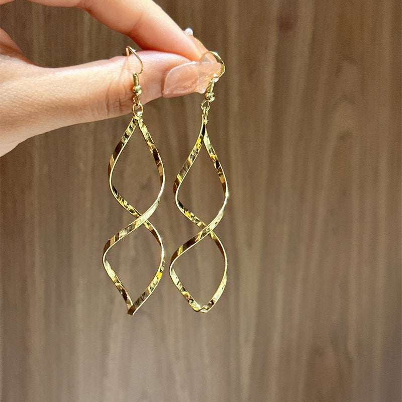 Twisted Rhombus Long Hook Earrings, Geometric Spiral Hollow Drop Earrings, Gold & Silver Tone S925 Silver Face Slimming Earrings