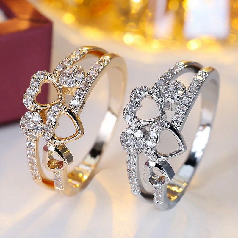 Double Layer Hollow Multi-Heart Paved Diamond Ring, Gold & Silver Sweet Luxury Stackable Design Band for Women
