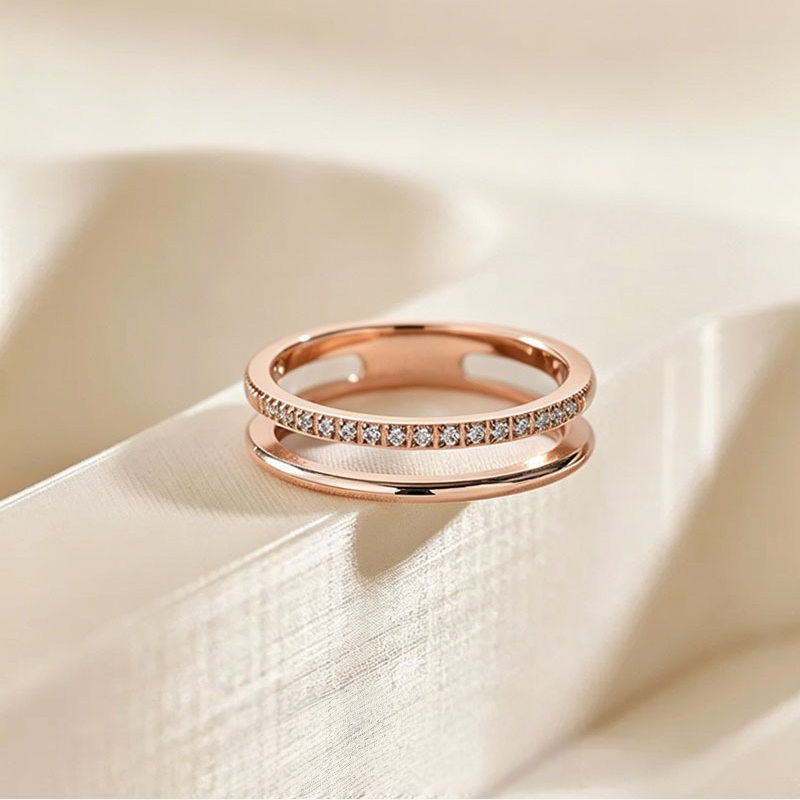 Double Intertwined Half Pave Thin Ring, 3 Colors Dainty Stacking Band For Women