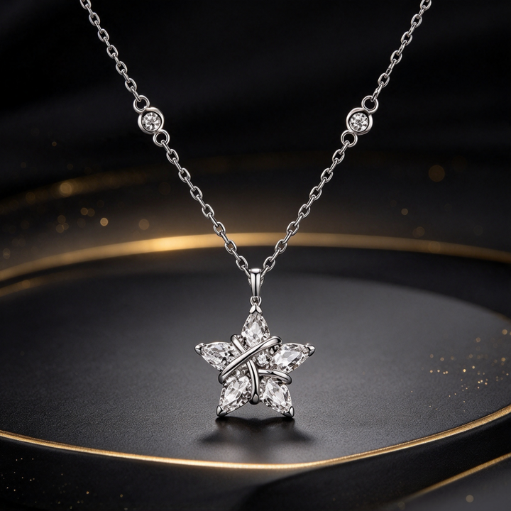 Wrapped Star Full Diamond S925 Silver Necklace, Gold & Silver Two-Tone Star Pendant Choker, Luxury Versatile Ladies Neck Chain