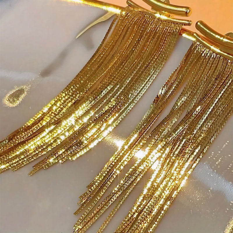 Luxury Gradient Long Metal Tassel Earrings, Horizontal Bar Shiny Chain Dangle Stud Earrings, Gold & Silver Evening Statement Jewelry