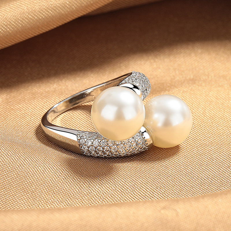 S925 Silver Double Pearl Open Ring, Luxury Paved Cross Pearl Ring for Women