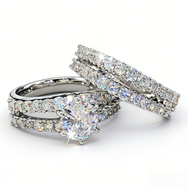 3-Row Pavé Center Stone Engagement Ring Set (Luxury Stackable Proposal Band 3-Piece)