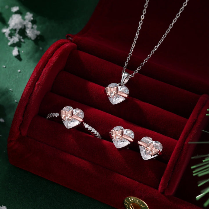 Heart Diamond Bow Jewelry Set (Earrings, Necklace, Ring Delicate Luxury Accessories)