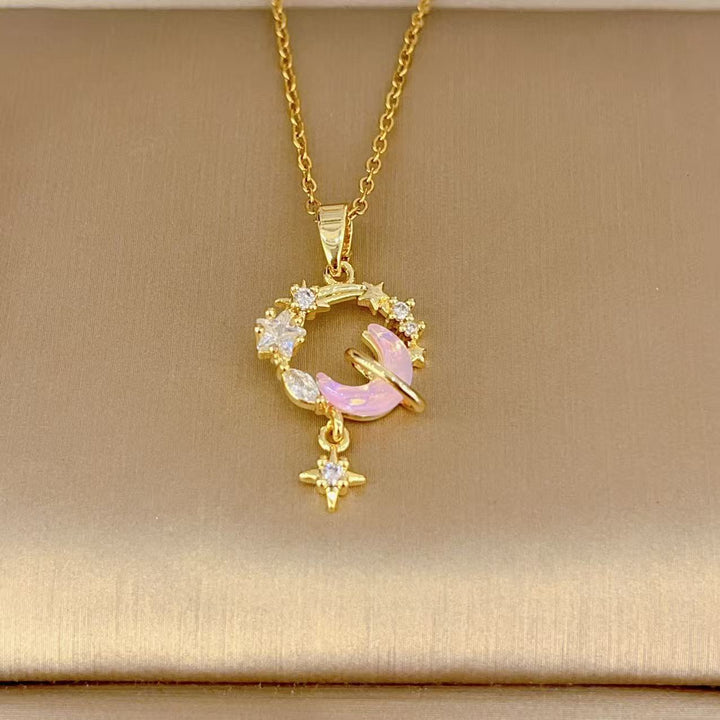 Dreamy Star & Moon Pink Diamond Wreath Necklace, Luxury Diamond Elegant Gold Clavicle Chain for Women