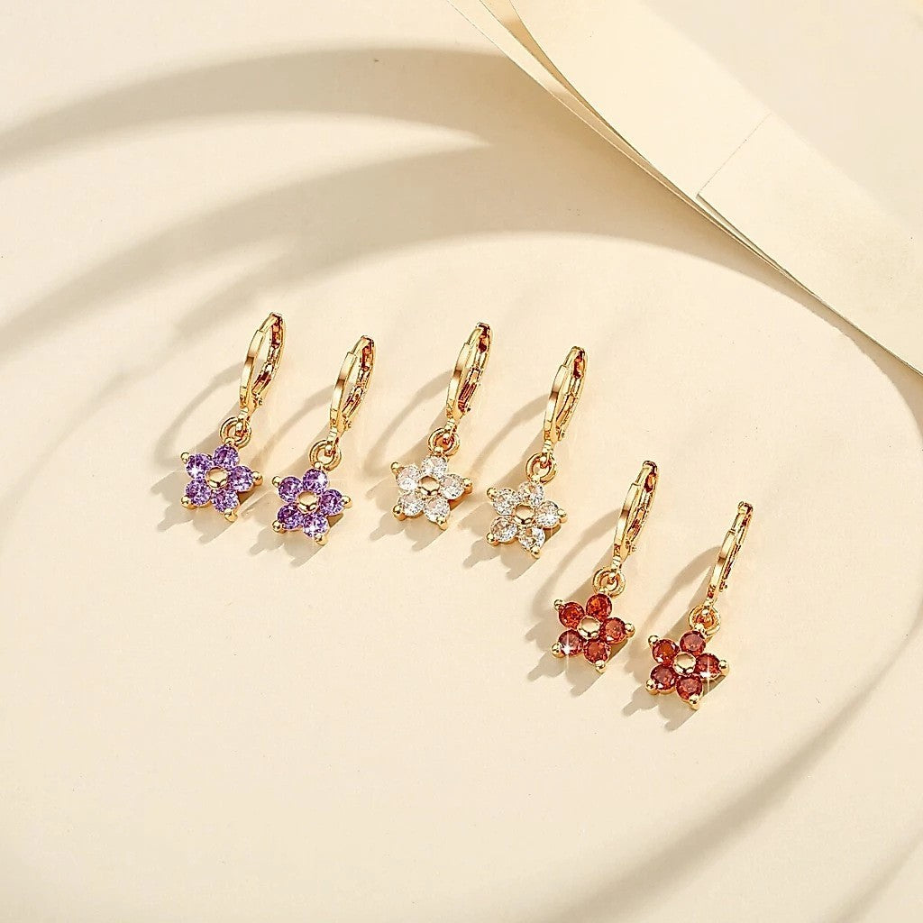 S925 Silver Paved Small Flower Huggie Earrings, Multi-color Delicate Five-petal Flower Drop Earrings