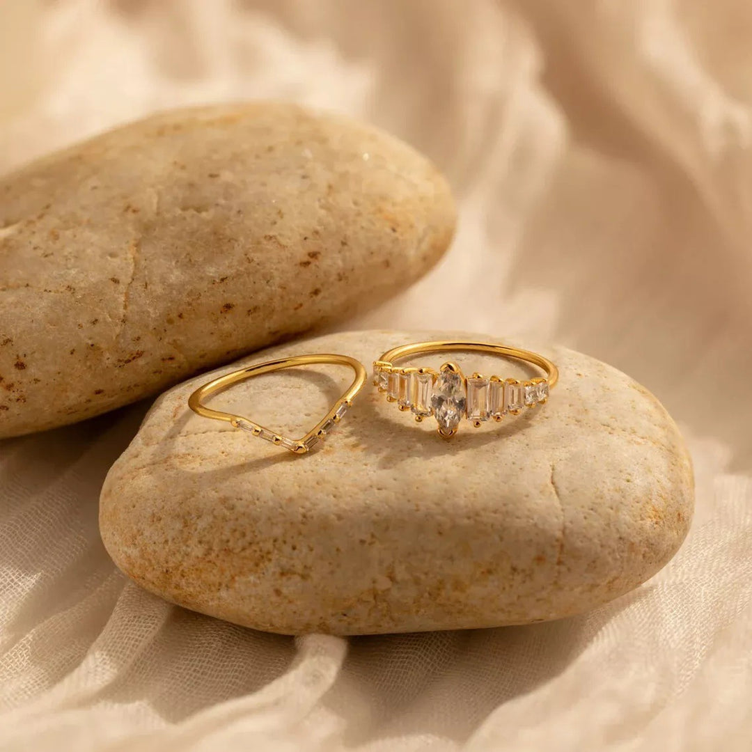 Marquise & Baguette V Shape 2Pcs Ring Set, S925 Silver Dainty Stacking Bands For Women