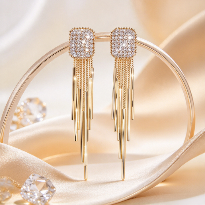 Square Pavé Long Tassel Drop Earrings