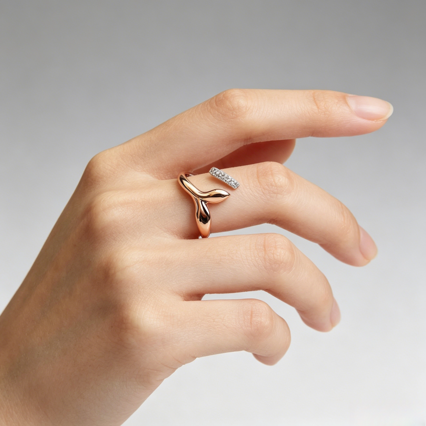 Two-Tone Whale Tail Open Ring (Delicate Ocean-Inspired Band)