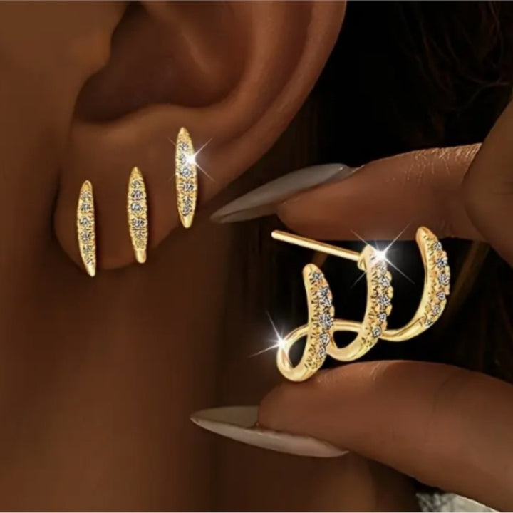 Three‑Row Curved Full‑Paved S925 Silver Stud Earrings, Multi‑Layer C‑Shape Wrap Earrings, Silver & Gold Two‑Tone