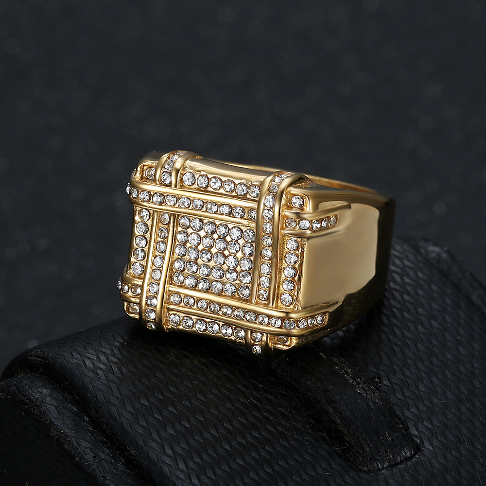 Paved Grid Square Wide Signet Ring, S925 Silver 14K Gold Plated Heavy Luxury Unisex Statement Band