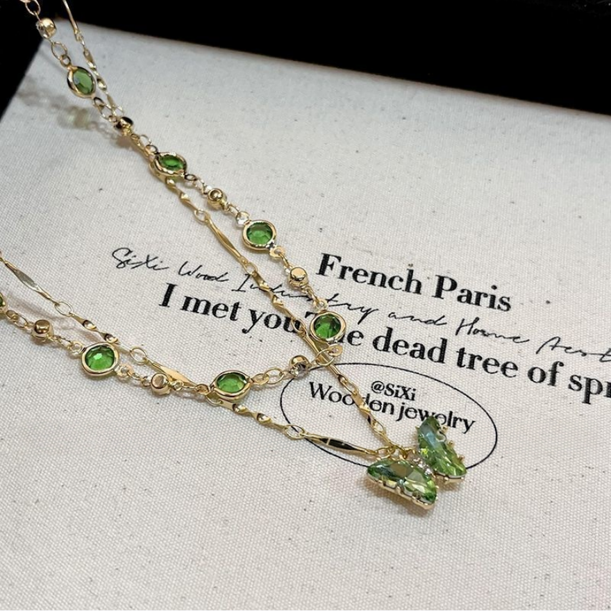 Two-Layer Stackable Color Crystal Butterfly Necklace, Bezel-Set Round Diamond Chain with Butterfly Pendant, Fresh Forest-Style Double Collarbone Chain