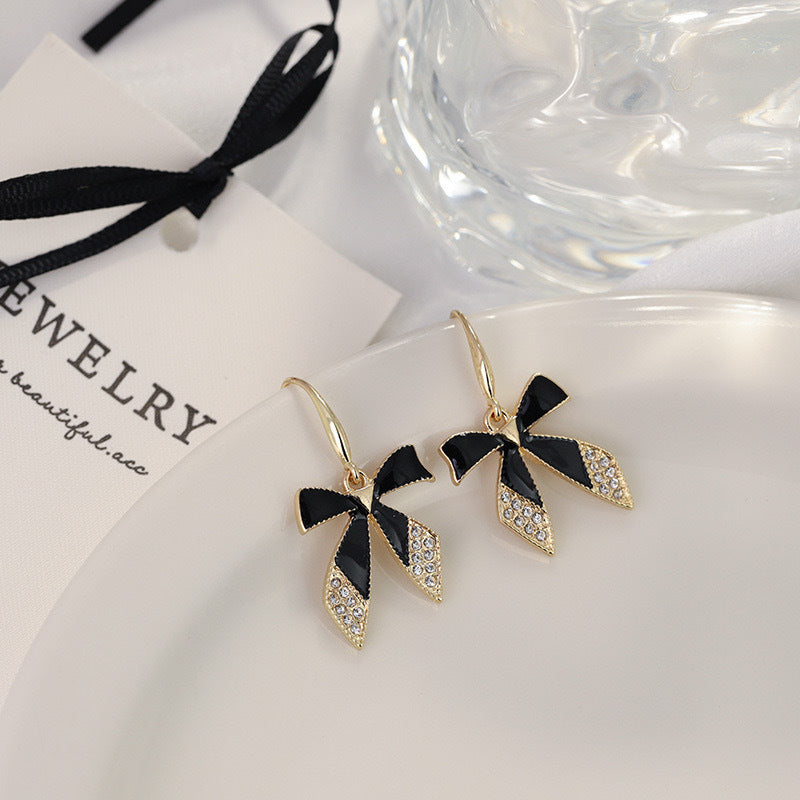 Black Enamel & Diamond Bow Drop Huggie Earrings (Gold Tone Elegant Statement Hoops)
